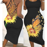 Women Butterfly Sunflower Print Fishnet Backless Bodycon Dress Ninimour Sleeveless Mini Bodycon Sexy Robes Womens