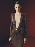 Brown Sequin Deep V-Neck Long Sleeve Evening Midi Dress- Outfit
