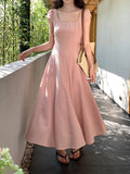 Xixi 13 Line 2025 Summer New Elegant Temperament Pure Color High-Waist Short-Sleeved Dress Dress Women