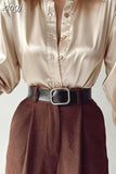 Long Sleeve Blouses Women 2023 Vintage Blue Green Silk Shirt Women Casual Loose Button Up Down Shirts Elegant Tops