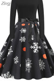 Dress Women Autumn Winter Long Sleeve High Waist Printed Vintage Party Sundress Elegant Xmas
