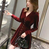 Sleeve Dress Women Button V-neck Solid Casual Female Korean Style Elegant Simple Sexy Mini Autumn Popular Fashion