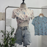 Shooting Retro Tie-Dye Double-Layer Mesh Half-High-Neck Short-Sleeved T-Shirt T-Shirt Short-Sleeved T-Shirted Woman