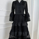 Elegant Gentle Wind Horn Sleeve Hollow Lace Splicing Cake Dress Women's Waist Thin
