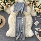 Summer New Knee Tight Elastic Knitted Dress Open Design Buckle Round Neck Dress Short