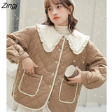 Kawaii Peter Pan Collar Short Jackets Women Vintage Sweet Preppy Style Patchwork Winter Parkas Female Warm Padded