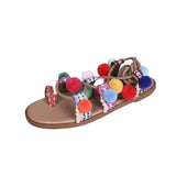 Summer New Famous Wind Color Hairball Sandals Female Wrist Strap 43 Yards Flat Bottom Roman Women's