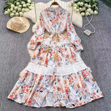 Retro Court Wind Hollow Lace Splicing Lantern Sleeve Collection Waist Single Buckle Print Dress 2025 Spring