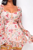 Summer Women's Jumpsuit Long Sleeves Lace Up Ruffle Floral Print Romper Female Playsuit 2023 Sweet Square Collar