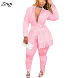 Suit Tassel 2 Two Piece Set Women Casual Autumn Winter Long Sleeve Shirt Tops + Skinny Legs Pants Female Outfit