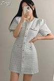 Round Neck Single Breasted Bubble Sleeve High Waist Mini Dress Summer Women Grace Korean Ladies Dresses Womens Mini