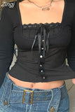 Vintage Fashion Square Neck Lace Patchwork Y2K Autumn T-shirts for Women Crop Tops Bow Cute T shirt Aesthetic