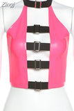 PU Leather Buckle Sexy Crop Top Women Club Wear Rave Outfit Festival Clothing Backless Halter Tank Tops Spring