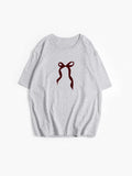 Sale Of Retro Simple Bow Print T-Shirts For Girls In Summer Loose Round-Neck Pure Cotton Short