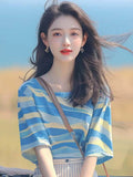 Korean Chic Oceanous Special To Beautiful Blouse Loose And Thin Blue Striped