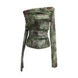 Vintage Tie-Dye-Print Mesh Folded Long-Sleeved T-Shirt With A Word-Collar Slanted Shoulder-To-Back Short Top