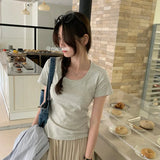 Short Threaded Shoulder Slim Short-Sleeved T-Shirt Women's New Solid Color Summer Casual Round Collar