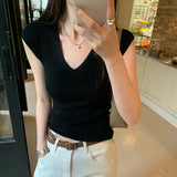 Solid Color Temperament V-Collar Knitted Sleeveless Vest Women's 2024 New Spring And Summer Slim And Thin