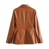 Women's Clothing 2025 Autumn New 2 Color PU Imitation Leather Double Row Buckle Long-Sleeved Blazer Women