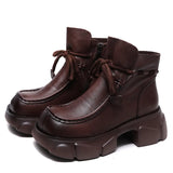 Layer Of Kraft Handmade Pine Cake Bottom Boots Women Autumn And Winter Retro New Bare Boots Thick Bottom Square Head Martin Boots