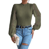 Round Collar Hollow Coated Women Autumn Fashion Pineapple Lace Splicing Sleeve Jersey