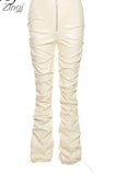 Faux PU Leather Pleated High Waist Black Stacked Pant Women Slim Hipster Street Style Long Trousers Hot Sale Trend