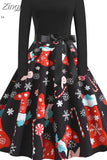 Women Christmas Long Sleeve Print Elegant Vintage Knee-length Party Dress Robe Autumn Winter Casual Xmas