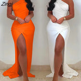 Summer Elegant Solid One Shoulder High Split Thigh Ruched Maxi Floor Dress White Sexy Corset Asymmetric Party Robes