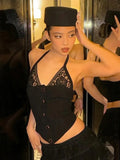 Is The Same Sexy; Lace Splicing Irregular Hanging Neck Vest + Short Skirt Tice Lace Perspective