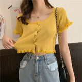Women Patched Lace O-Neck Knitted Short Sleeve Thin Sweaters Cardigans Lady Single-breasted Buttons Sweater Crop Tops