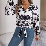 Shooting 2025 Autumn And Winter Casual Hit Color Flower Lantern Sleeve With Chiffon Shirts Women's
