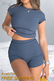 Women's 2 Piece Shorts Sets Short Sleeve Crop Tops Skinny Tee High Waist Stretchy Shorts Outfits Y2k Trendy