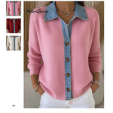 Uniquely Designed Cowboy Splicing T-Shirt For Women's Spring Sweater T-Shirt With Thin Long Sleeve