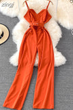 Sexy Women Romper Female Red/Orange/Black Sleeveless High Waist V-Neck Wide Leg Playsuit With Sashes New Fashion