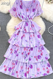 Women Floral Ruffle Pleated Long Dress Vintage V-Neck Short Sleeve High Waist Tierred Maxi Robe Vacation Beach