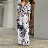 New Women's Wear In Fashion Elegant Print Bat Sleeves V-Neck Women's Jumpsuit Women