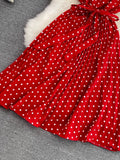 Vintage Polka Dot Pleated Dress Women Red/Green/Black Draped Knee Length Vestidos Female Elegant Robe New