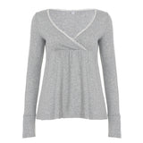 Deep V-Neck Lace Lace Design Feel Waist T-Shirt 2025 Autumn New Repair With Long-Sleeved Women's Clothing