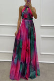 Women's Sleeveless Print With Dress Fashion Swing Hanging Neck Round Women