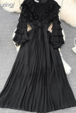 Vintage Women Pleated Party Long Dress Elegant Round Neck Lantern Sleeve High Waist Ruffle Draped Maxi Vestidos