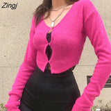 Women Fall Knitted Cardigan Solid Color V-Neck Long Sleeve Button-Open Knit T -shirts Spring Autumn Cropped Tops for