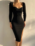 Knit Knee Length Dresses For Women Sexy Square Collar Elegant Long Sleeve Bodycon Side Split Chic Fall Fashion