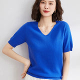 Zingj / Summer 2024 New Knit Short Sleeve Female V Collar Bottom Knit Sleeve Half Sleeve Sweater Loose Bottom Sweater-Outfit