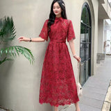 Retro High-End Squealing Hook Lace Dress Women's Summer Waist Thin Temperament A-Word Fairy