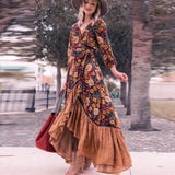 Queens Women Floral Print Long Sleeve Irregular Hem Beach Bohemian Maxi Dress Ladies Boho Sundress Robe Vestidos 211-0-Outfit