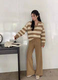 Vintage Lazy Wind High-End Softy Loose Stripe Collar Fashion Knitting Suit