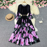 Zingj New Women's Dress Oversized Skirt Print Pleated Waist Lace Holiday