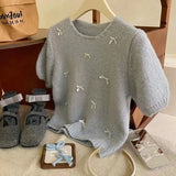 Chic Spring And Summer Little Bow Bow Short-Sleeved Collar Knitted Jersey Girl Spring Sweet Soft Foam Bubble Sleeve