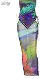 Fashion Mesh Vacation Two Piece Set Women Summer Bandage Strapless Tube Top+Hollow Maxi Skirt Matching Beach