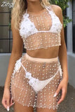 Women Swimsuits Bikinis Cover-Ups 2 Pieces Set Pearls Rhinestones O-neck Tank Tops Mesh Sheer See-through Skirts